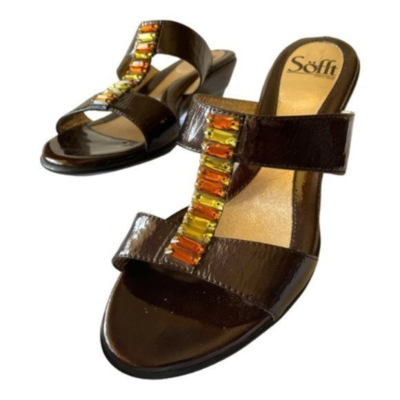 SOFFT Women's Brown Patent Leather Embellished Slide Wedge Sandals 8.5 W - Picture 10 of 10